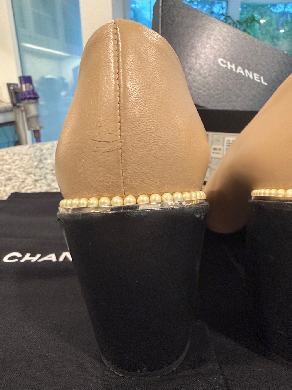 CHANEL Two-Tone Beige Leather Pumps with Black Quilted Cap Toe - Picture 8 of 15